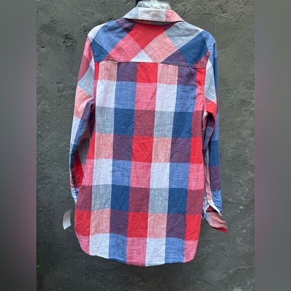 MERONA RED WHITE BLUE PLAID HALF BUTTON UP LONG SLEEVE SHIRT TUNIC TOP SIZE S - Picture 4 of 12
